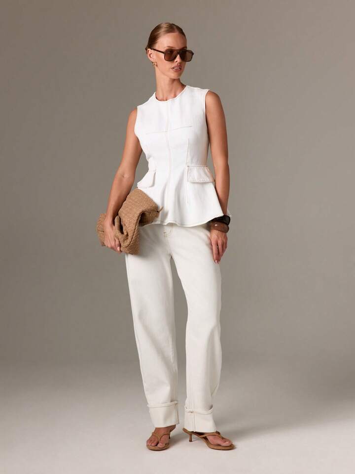 CM-TS493711 Women Casual Seoul Style Round Neck Sleeveless Peplum Denim Top - White