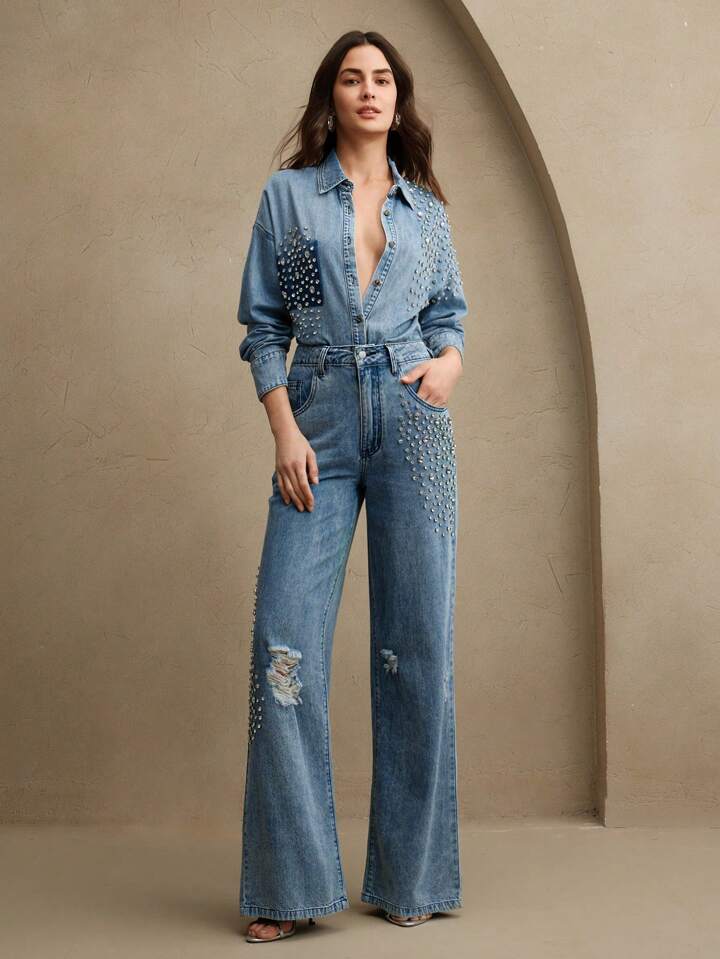 CM-BS971997 Women Elegant Seoul Style Mid Waist Rhinestone Studded Straight-Leg Jeans - Blue