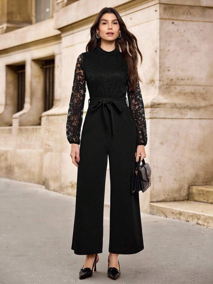 CM-JS699929 Women Elegant Seoul Style Contrast Lace Lantern Sleeve Belted Wide Leg Jumpsuit - Black