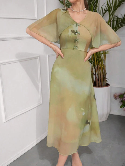 CM-DS579071 Women Elegant Seoul Style V-Neck Gradient Color Bowknot Decoration Dress - Green