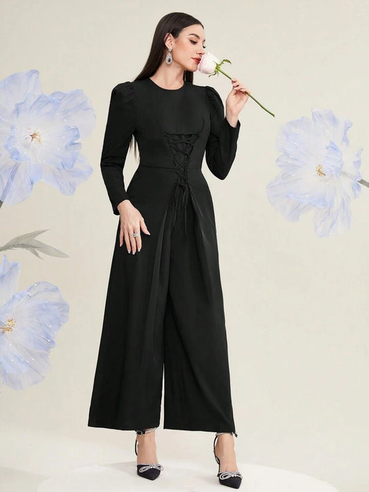 CM-JS314776 Women Elegant Seoul Style Tie-Front Bubble Cuff Long Sleeve Jumpsuit