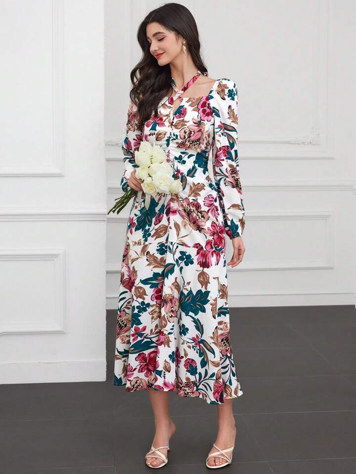 CM-DS944725 Women Casual Seoul Style Printed Halter Neck Long Sleeve Dress