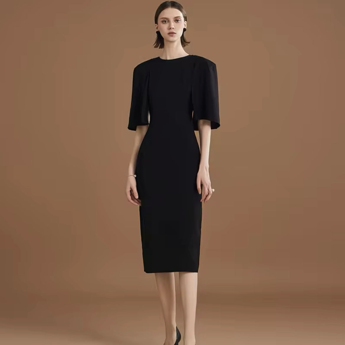CM-DY014587 Women Elegant European Style Round Nexk Lotus Sleeve Midi Dress (Available in 2 colors)