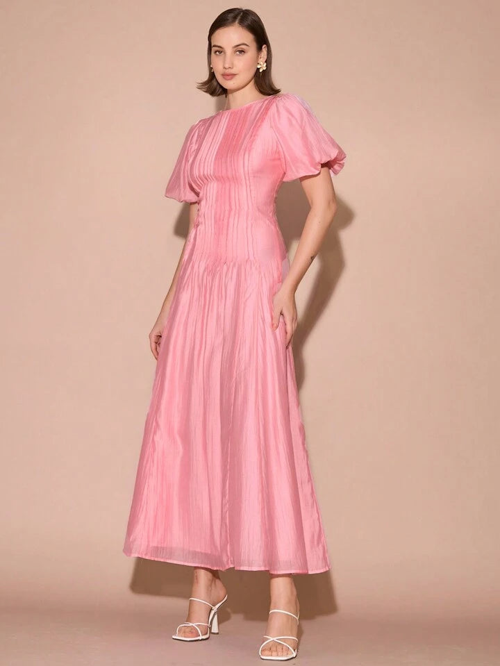 CM-DS173261 Women Elegant Seoul Style Round Neck Bubble Pleat Puff Long Sleeve Maxi Dress - Pink