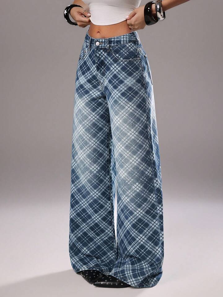 CM-BS676228 Women Casual Seoul Style Medium Wash Diamond Plaid Mid-Waist Wide Leg Jeans