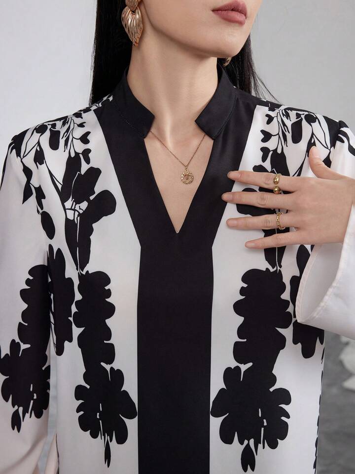 CM-TS697845 Women Trendy Bohemian Style Floral Print Long Sleeve Notched V-Neck Blouse