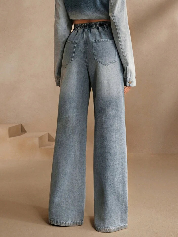 CM-BS188103 Women Casual Seoul Style Drawstring Waist Loose Fit Wide Leg Jeans - Blue
