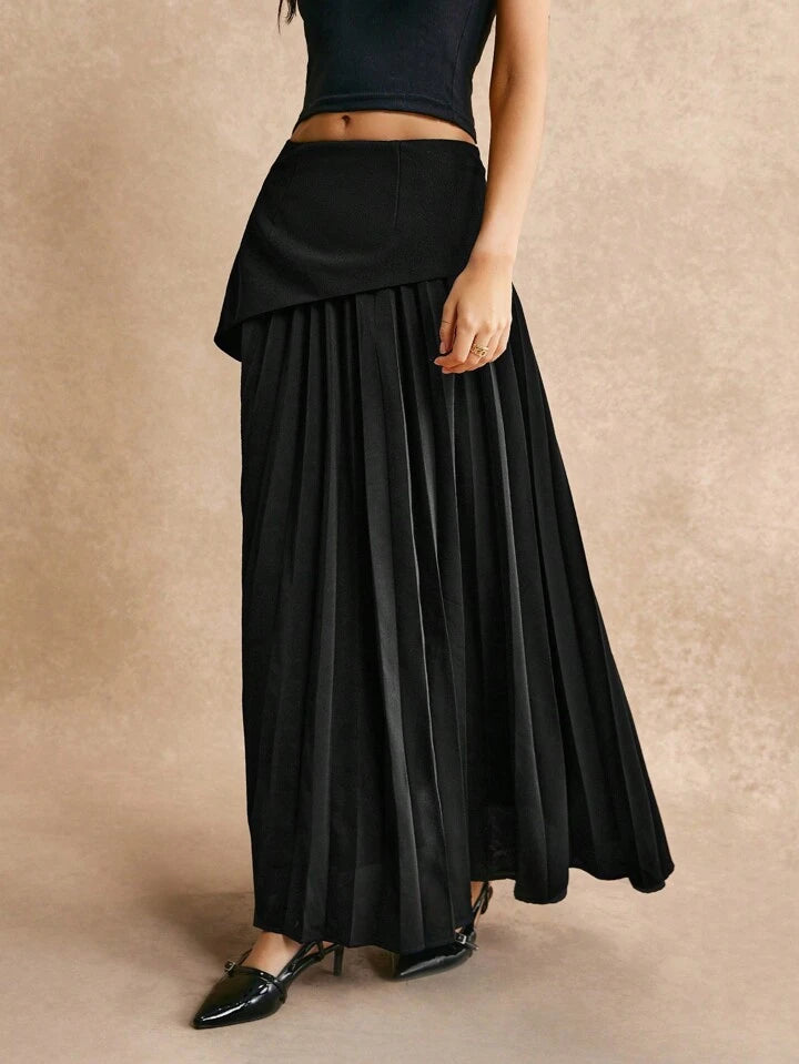 CM-BS137111 Women Elegant Seoul Style High Waist Asymmetric Pleated A-Line Skirt - Black