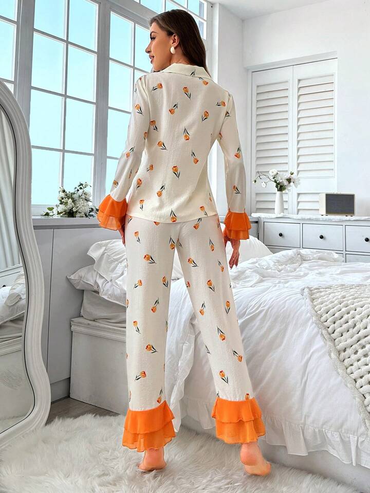 CM-LS933193 Women Trendy Seoul Style Floral Print Patchwork Ruffle Trim Decorated Pajama Set