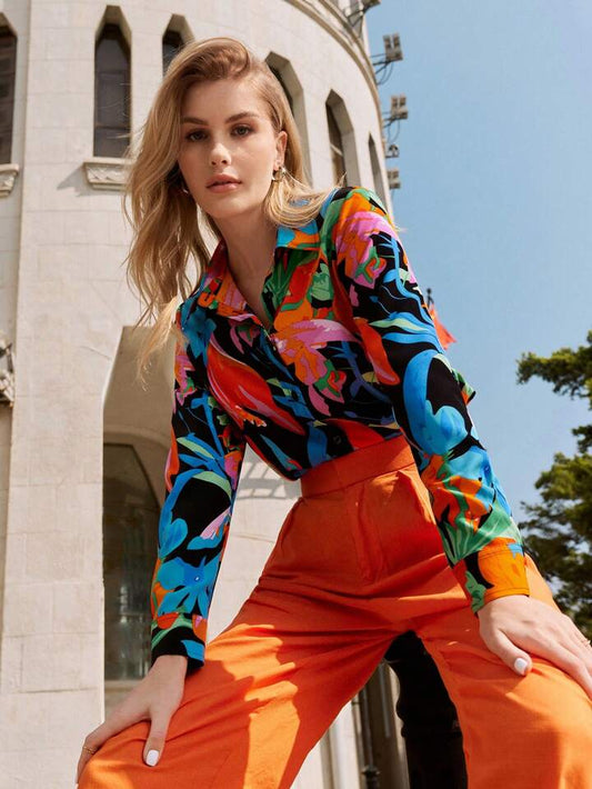CM-TS171016 Women Casual Seoul Style Floral Printed Button Front Long Sleeve Shirt