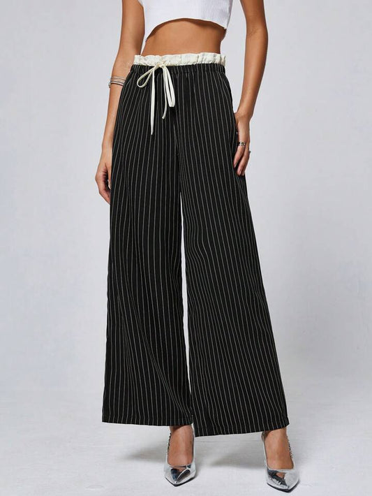 CM-BS112828 Women Casual Seoul Style Color Block Double Waist Wide Leg Striped Long Pants