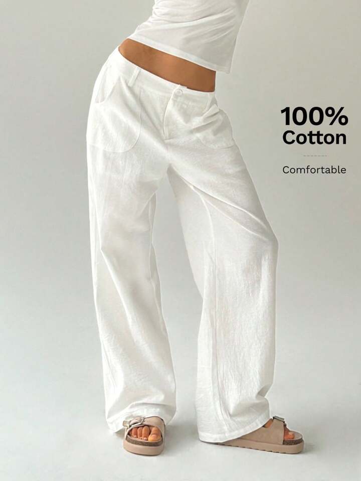 CM-BS275741 Women Casual Seoul Style Solid Color Low Waist Loose Straight Leg Pants - White