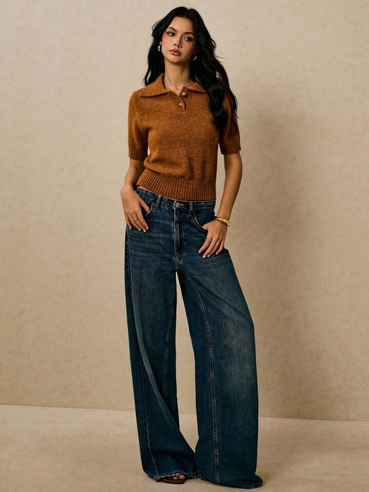 CM-TS884124 Women Casual Seoul Style Polo Neckline Short Sleeve Button Up Pullover Knit Top - Brown
