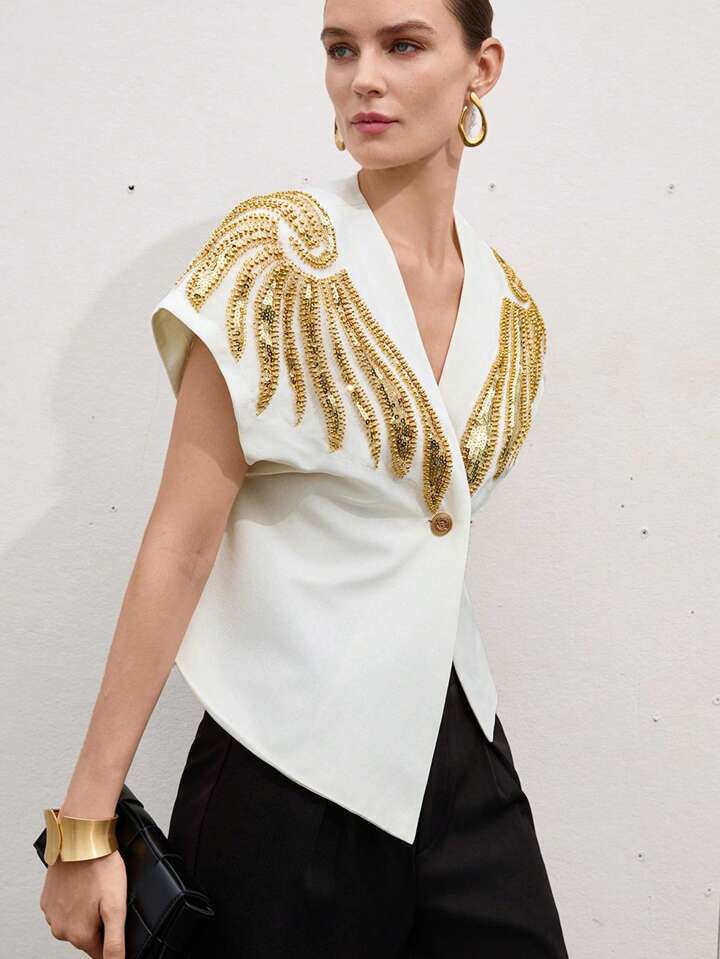 CM-TS871447 Women Elegant Seoul Style Asymmetrical Hem V-Neck Padded Beaded Embroidered Blouse - Beige