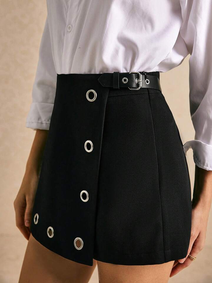 CM-BS055532 Women Casual Seoul Style High Waist Metal Ring Zipper Straight Skort - Black