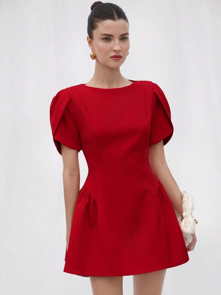 CM-DS891979 Women Elegant Seoul Style Tulip Print Puff Spliced Hem Round Neck Short Sleeve Dress - Red