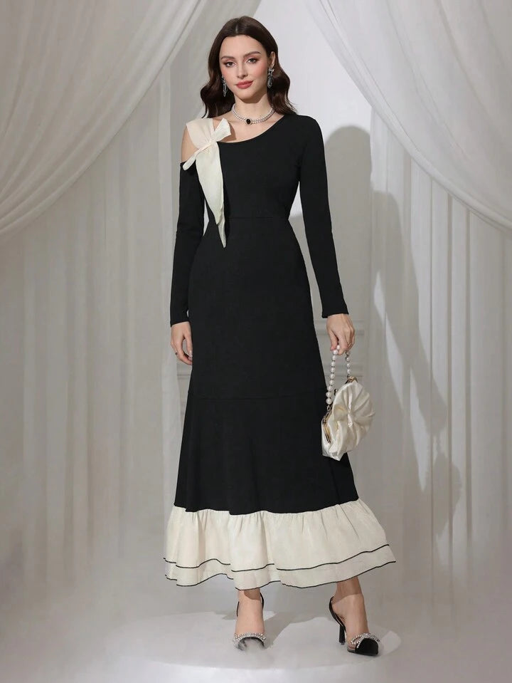 CM-DS763665 Women Elegant Seoul Style Bow Decor Asymmetrical Neck Long Sleeve Dress - Black