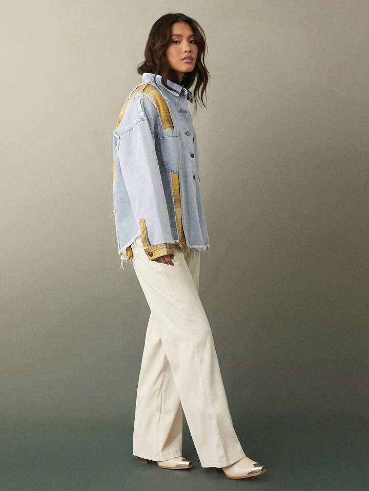 CM-CS424224 Women Casual Seoul Style Light Wash Collar Neckline Long Sleeve Colorblock Patchwork Denim Jacket