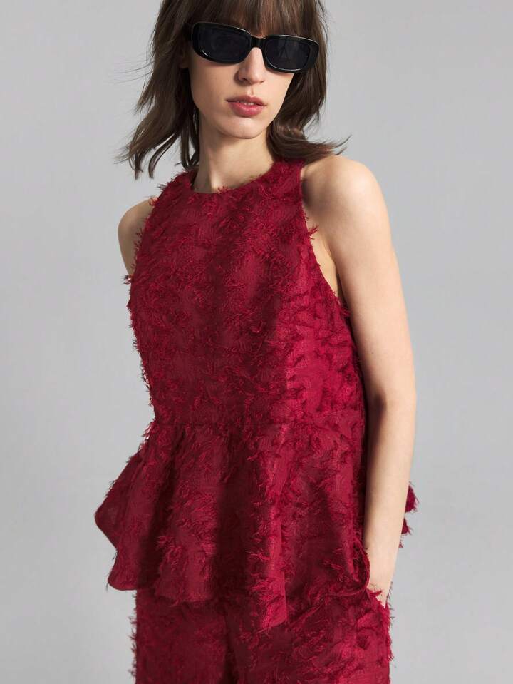 CM-SS069998 Women Elegant Seoul Style Texture Round Neck Sleeveless Top With Wide Leg Pants - Set