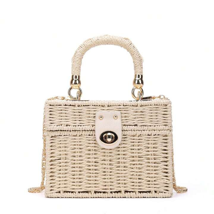 CM-BGS698559 Women Trendy Seoul Style Minimalist Twist Lock Flap Straw Bag - Beige