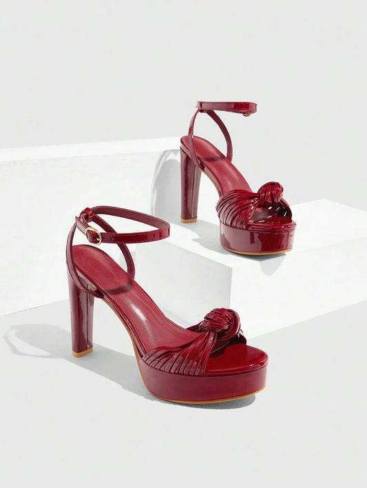 CM-SHS717609 Women Trendy Seoul Style Round Toe Chunky Knotted Detail High Heel Sandals - Burgundy