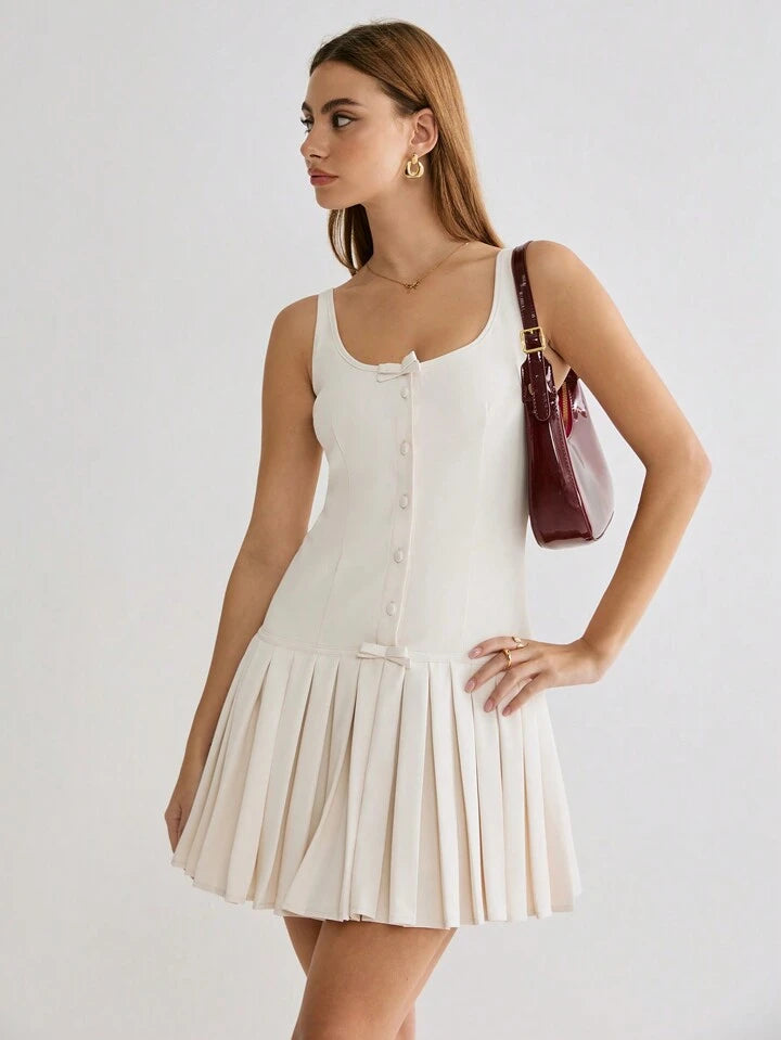 CM-DS261701 Women Casual Seoul Style Scoop Neck Bowknot Sleeveless Pleated Hem Mini Dress - Apricot