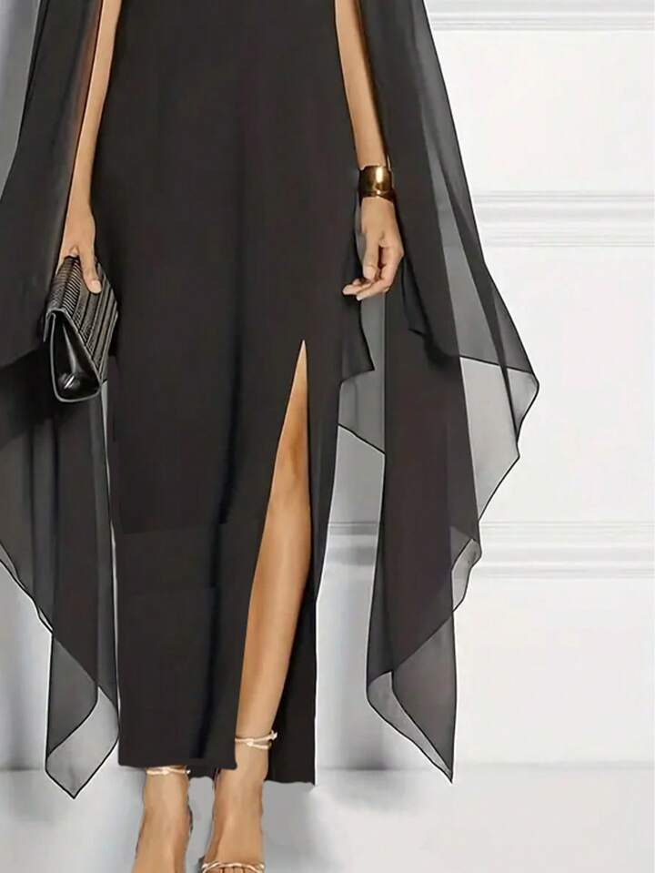 CM-DS197207 Women Elegant Seoul Style Round Neck Sleeveless Cape Split Maxi Dress - Black