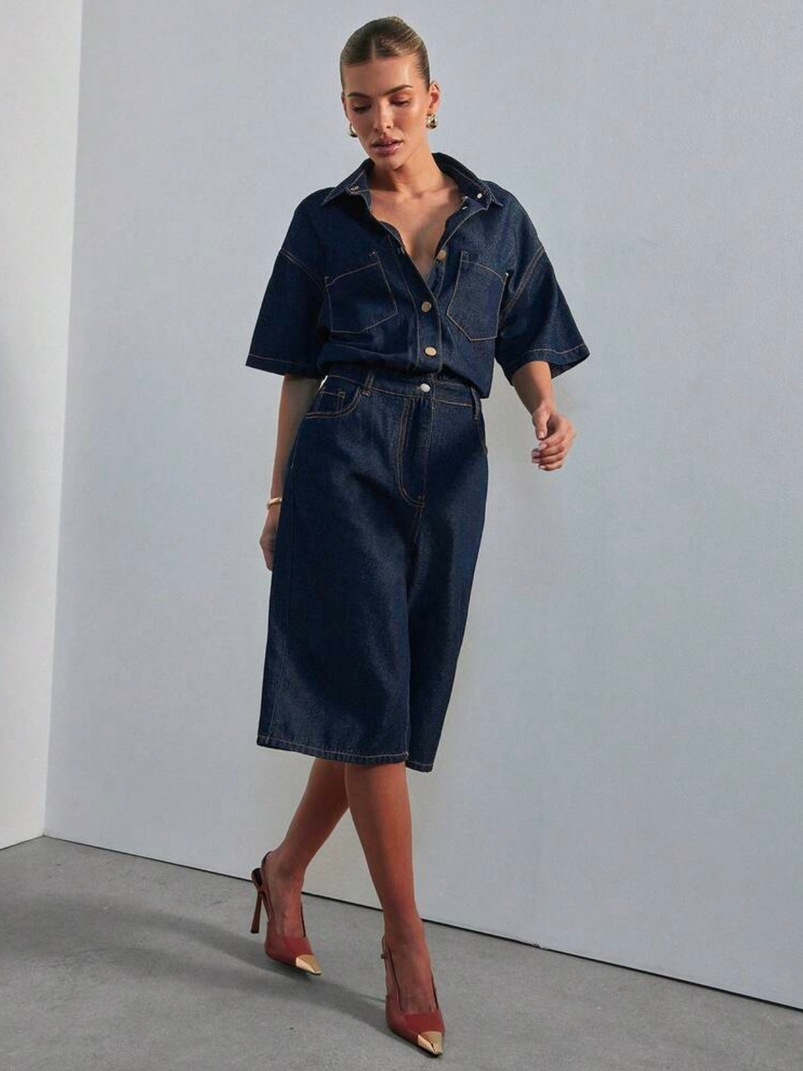 CM-JS876546 Women Casual Seoul Style Dark Wash Collared Short Sleeve Relaxed Denim Jumpsuit