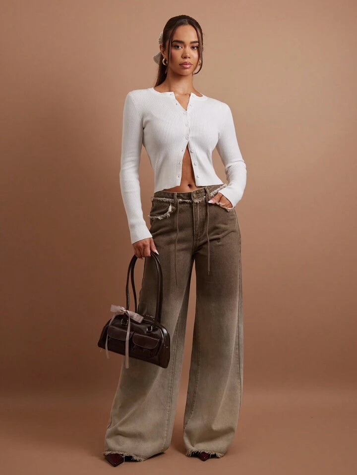 CM-BS298965 Women Casual Seoul Style Low Waist Front Button Pocket Frayed Hem Denim Jeans - Brown