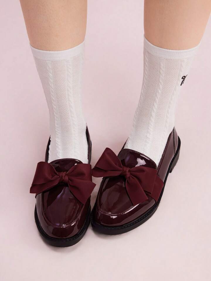 CM-SHS933180 Women Trendy Seoul Style Plain Bow Round Toe Flat Loafers Shoes - Burgundy