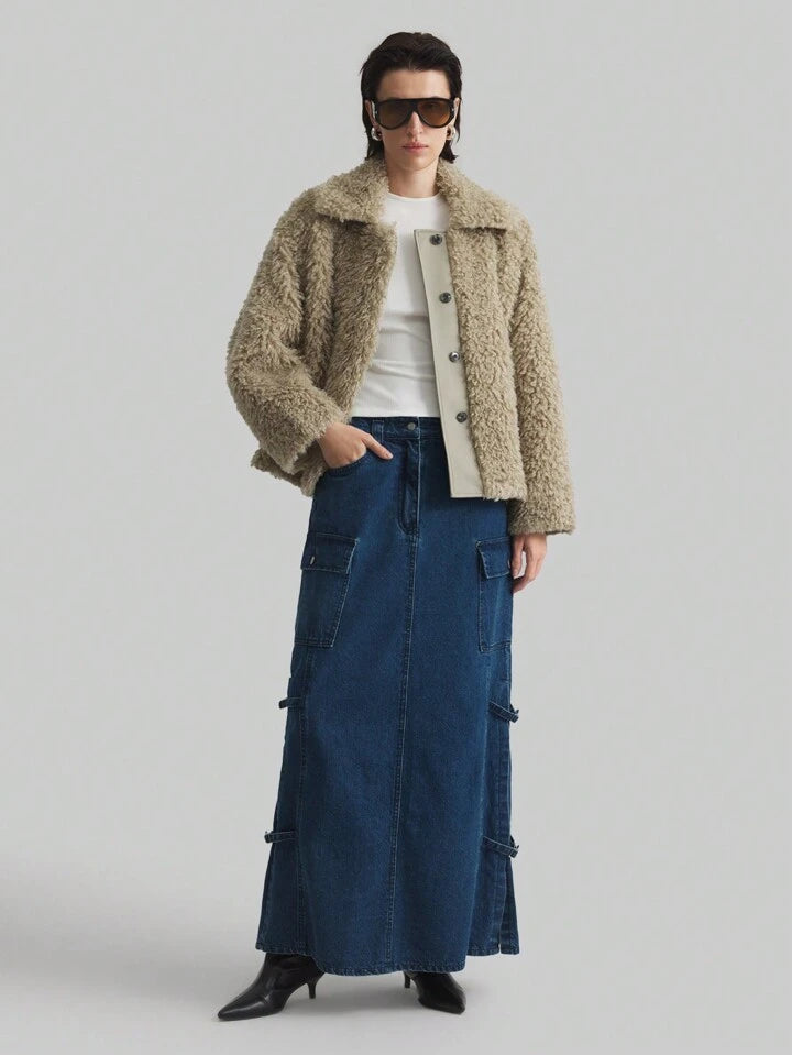 CM-BS254119 Women Casual Seoul Style Mid-Length A-Line Denim Skirt - Blue