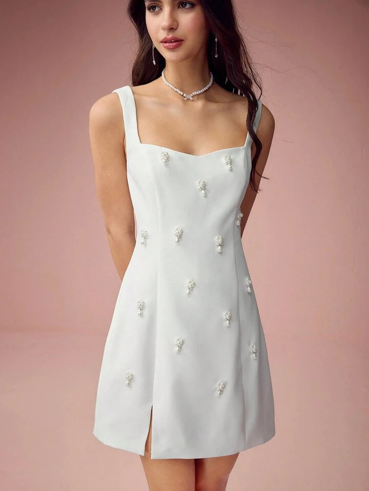 CM-DS878349 Women Elegant Seoul Style Pearl Decoration Square Neck Sleeveless Mini Dress - White