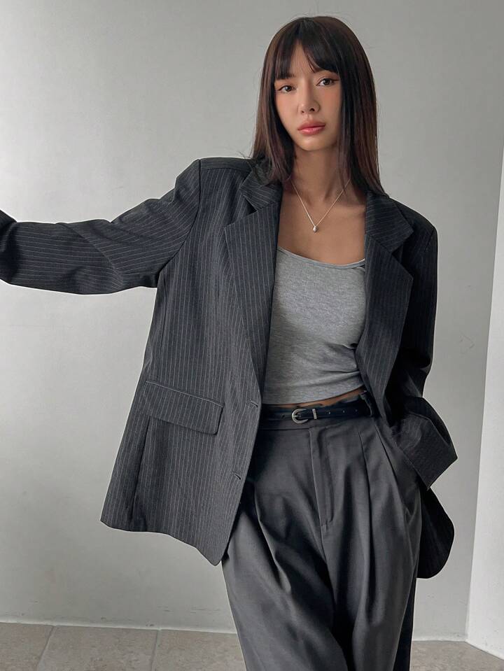 CM-CS910221 Women Elegant Seoul Style Striped Lapel Neckline Long Sleeve Suit Jacket - Gray