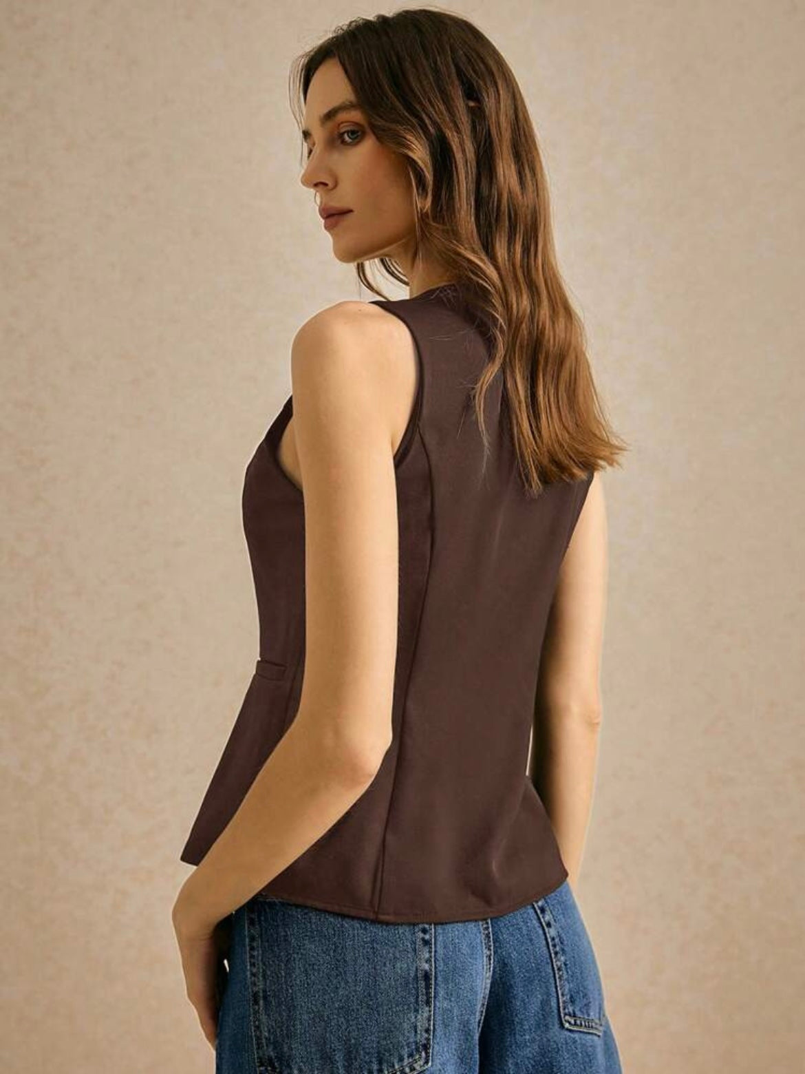 CM-TS520217 Women Casual Seoul Style Round Neck Single-Breasted Sleeveless Shirt - Coffee Brown