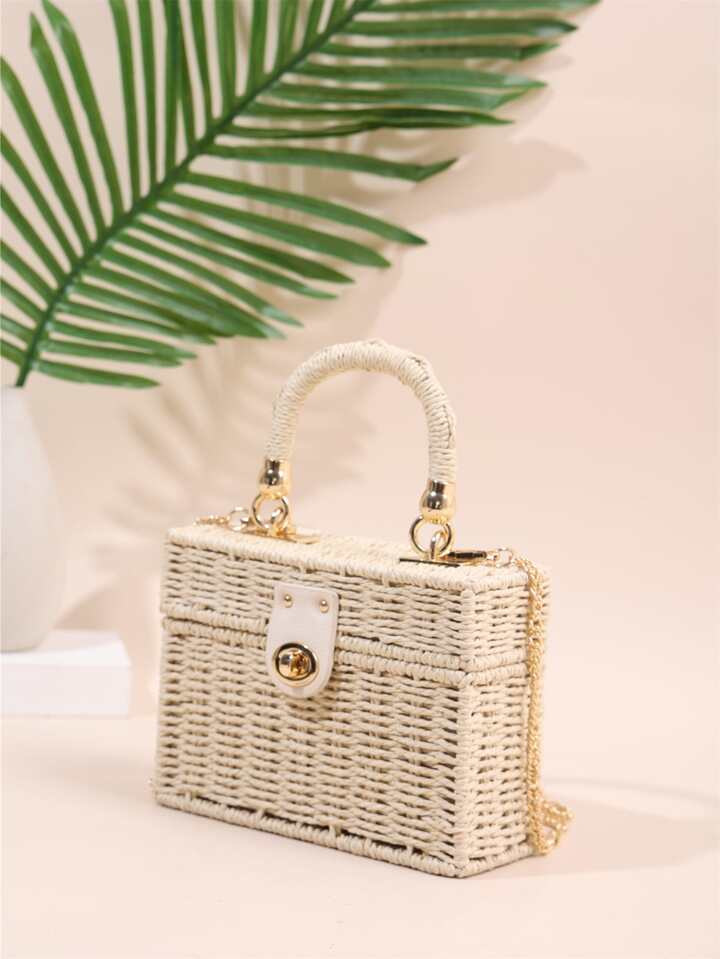 CM-BGS698559 Women Trendy Seoul Style Minimalist Twist Lock Flap Straw Bag - Beige