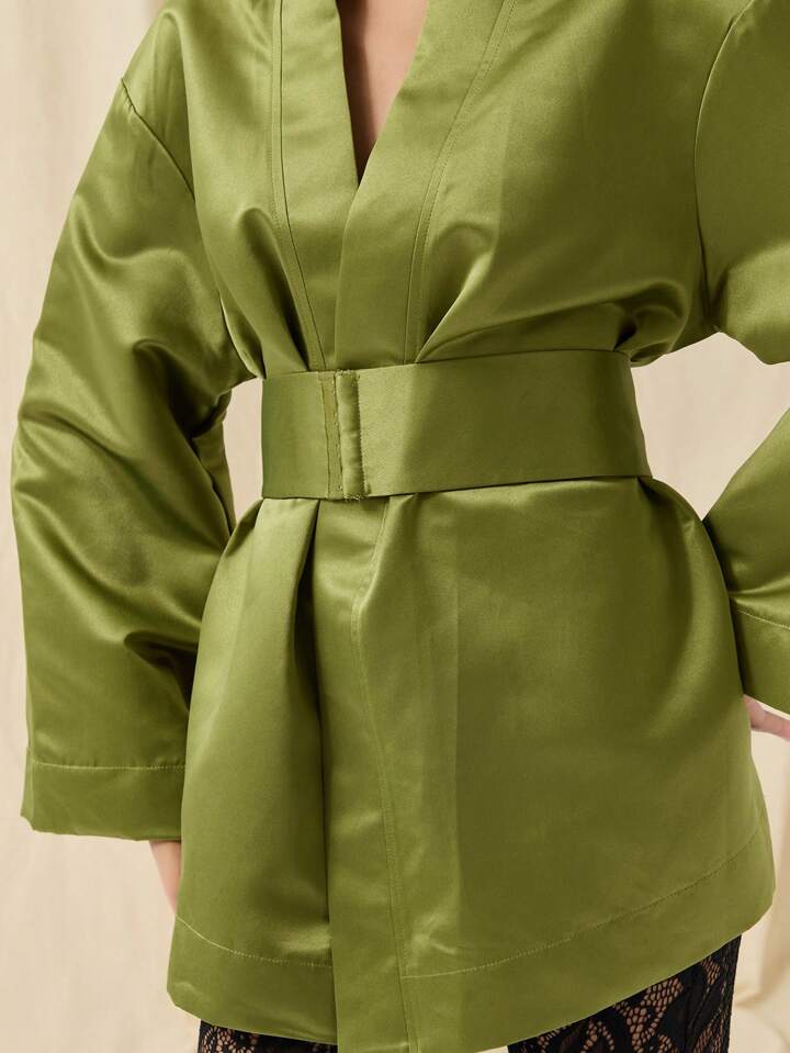 CM-DS756020 Women Elegant Seoul Style Solid Color Deep V-Neck Bell Sleeve Mini Dress - Olive Green