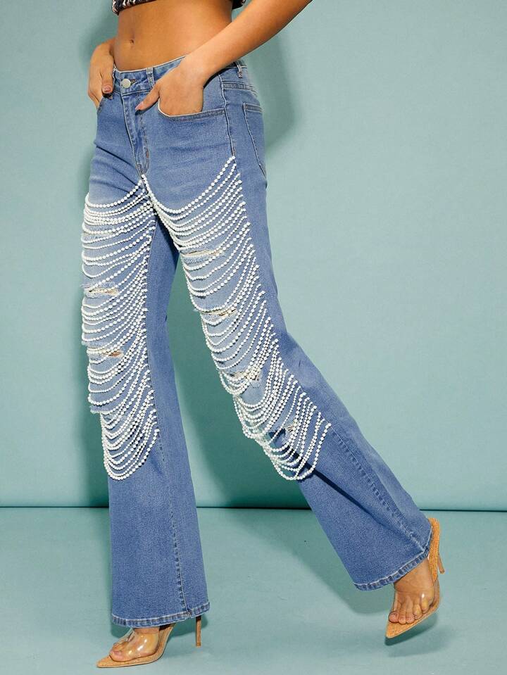 CM-BS628887 Women Elegant Seoul Style Front Botton Pocket Faux Pearl Decor Straight Leg Jeans