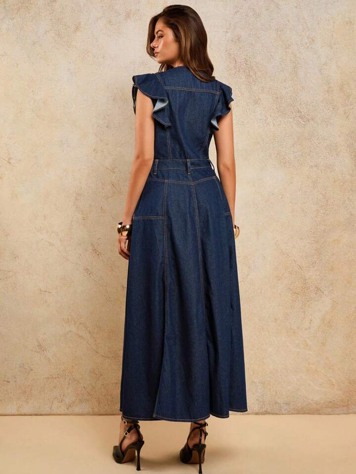 CM-DS035018 Women Elegant Seoul Style Solid Color Zip Fly Flutter Sleeve A-Line Ruffle Hem Denim Maxi Dress - Blue