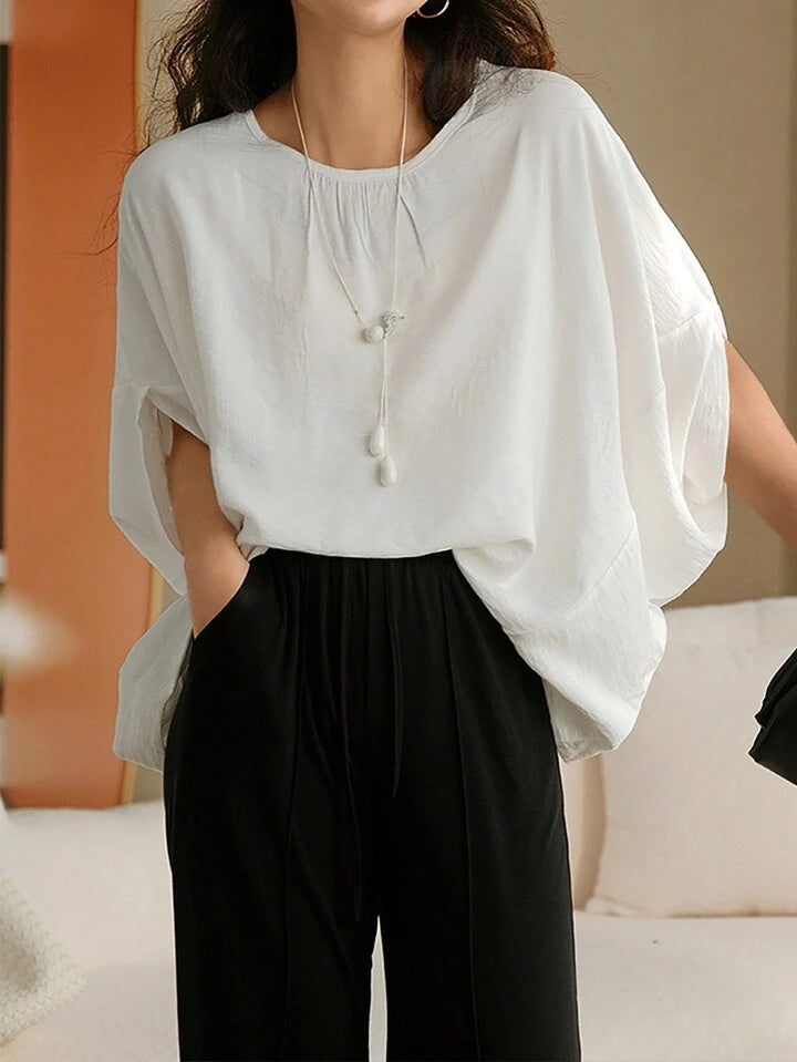 CM-TS906089 Women Trendy Bohemian Style Solid Color Batwing Sleeve Blouse - Beige