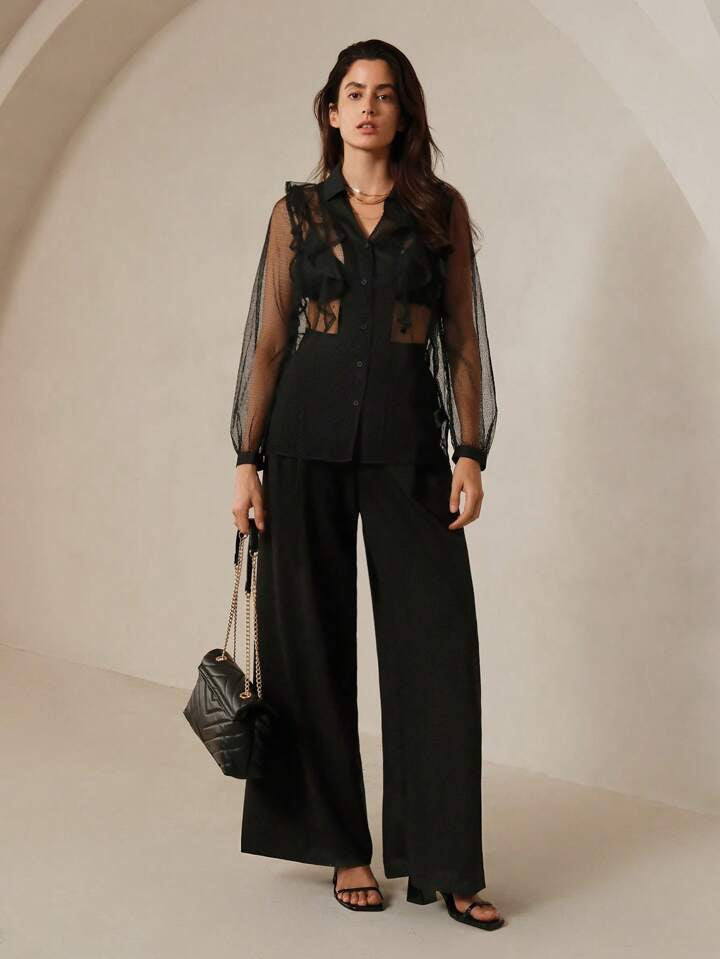 CM-TS721729 Women Elegant Seoul Style Mesh Gauze Lotus Leaf Edge Light Thin Shirt - Black