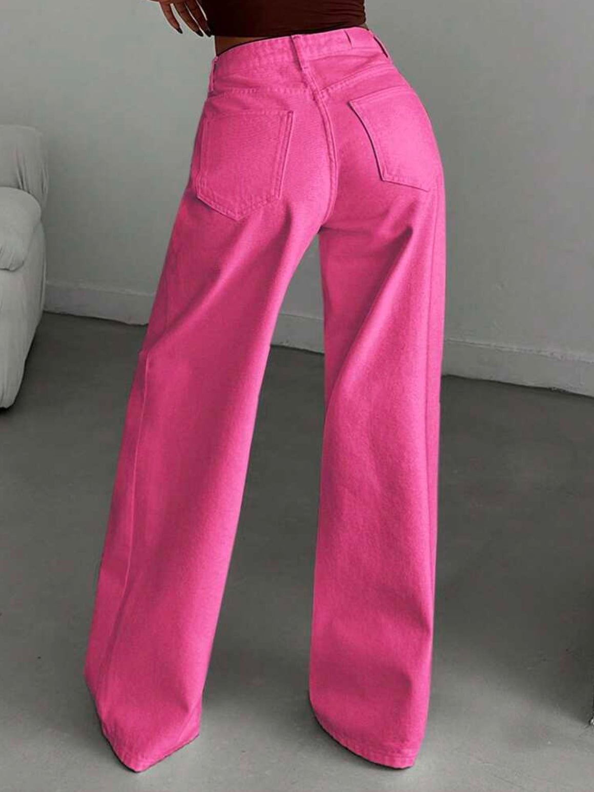 CM-BS201742 Women Casual Seoul Style High-Waisted Wide-Leg Denim Jeans - Dark Pink