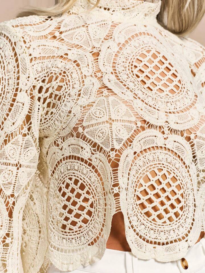 CM-TS990904 Women Casual Seoul Style Stand Collar Lace Hollow-Out See-Through Blouse - Apricot