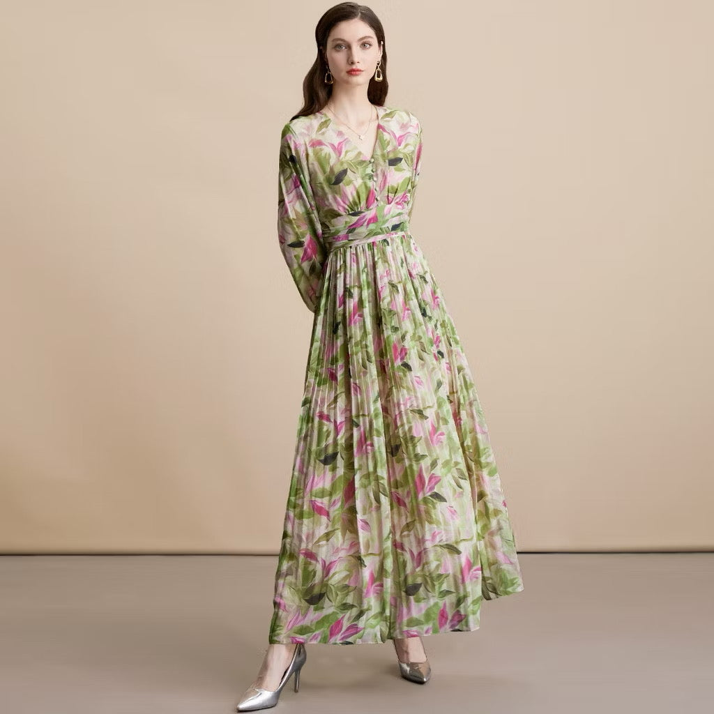 CM-DY054097 Women Elegant European Style Floral Print V-Neck Long Sleeve Pinched Waist Maxi Dress