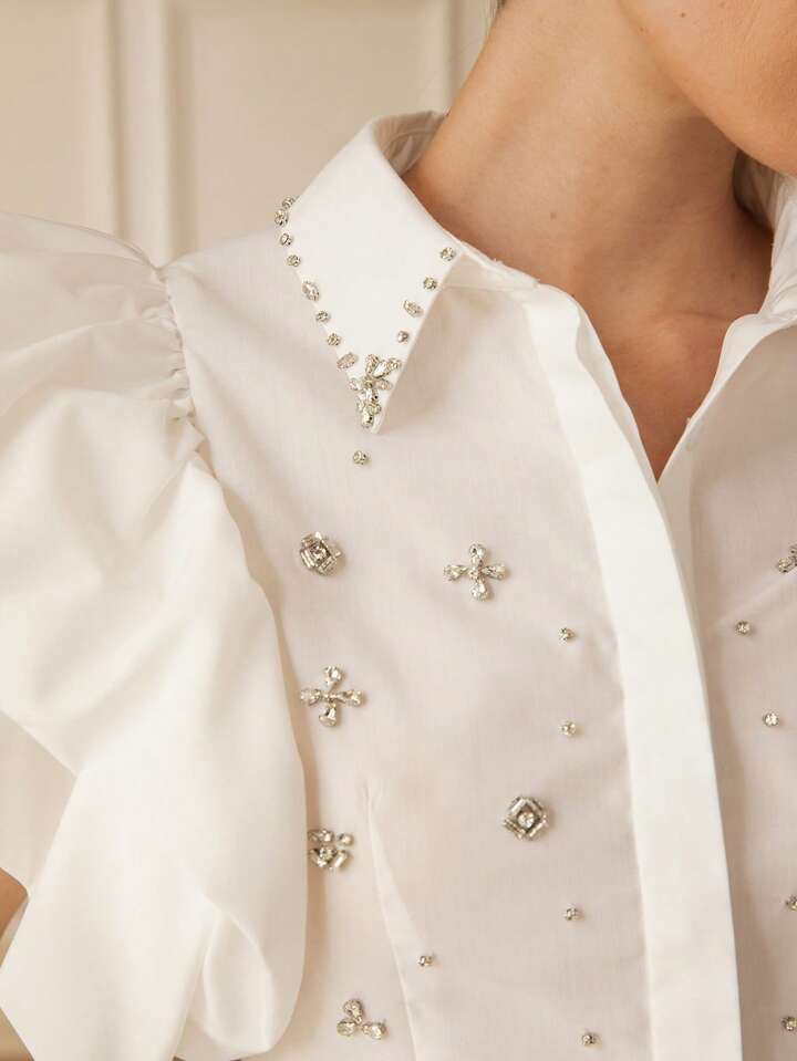 CM-TS026227 Women Elegant Seoul Style 3D Rhinestone Collar Open Front Blouson Sleeve Fitted Blouse