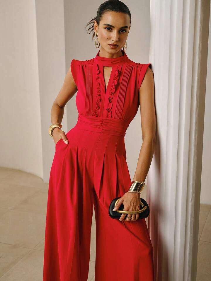 CM-JS328191 Women Elegant Seoul Style Notched Neckline Sleeveless Gathered Wide Leg Jumpsuit - Red