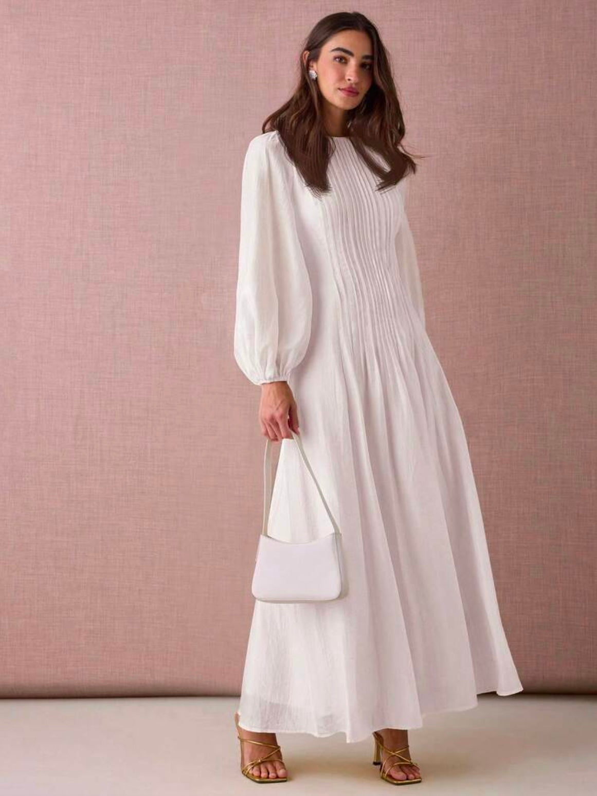 CM-DS929272 Women Elegant Seoul Style Round Neck Lantern Sleeve Pleated Design A-Line Maxi Dress - White