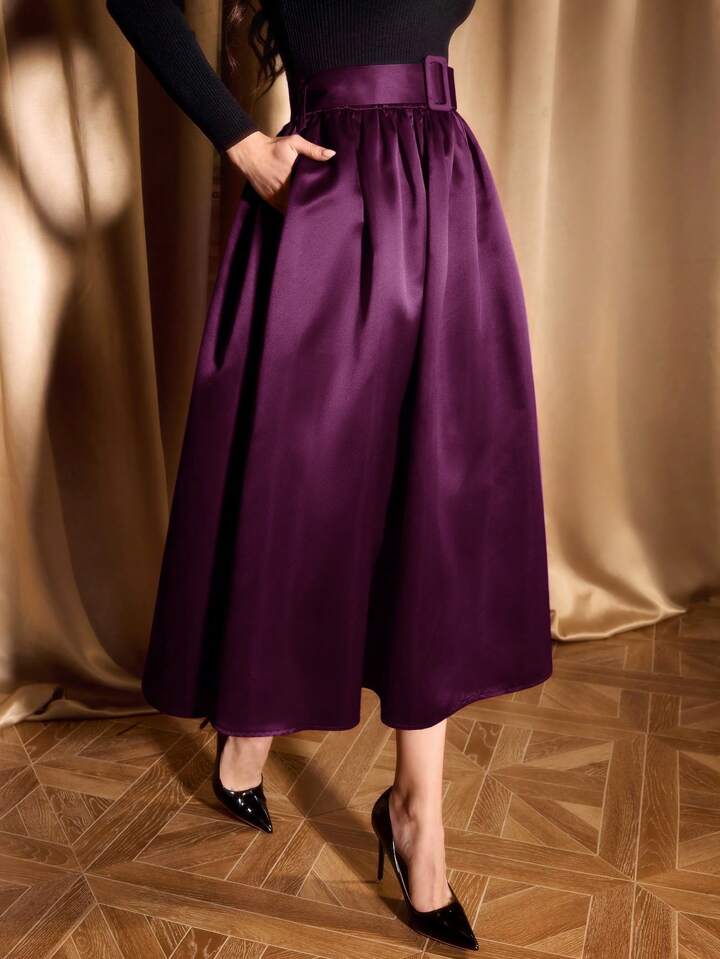 CM-BS562519 Women Elegant Seoul Style Ultra High Waist Satin Flared Hem A-Line Skirt - Purple