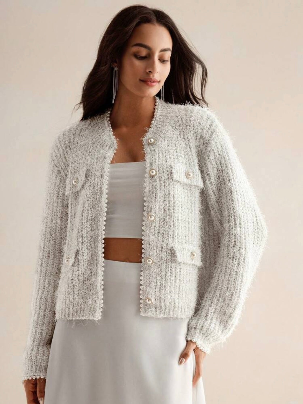 CM-CS843631 Women Elegant Seoul Style Round Neck Feather Mesh Faux Pearl Chain Knit Cardigan