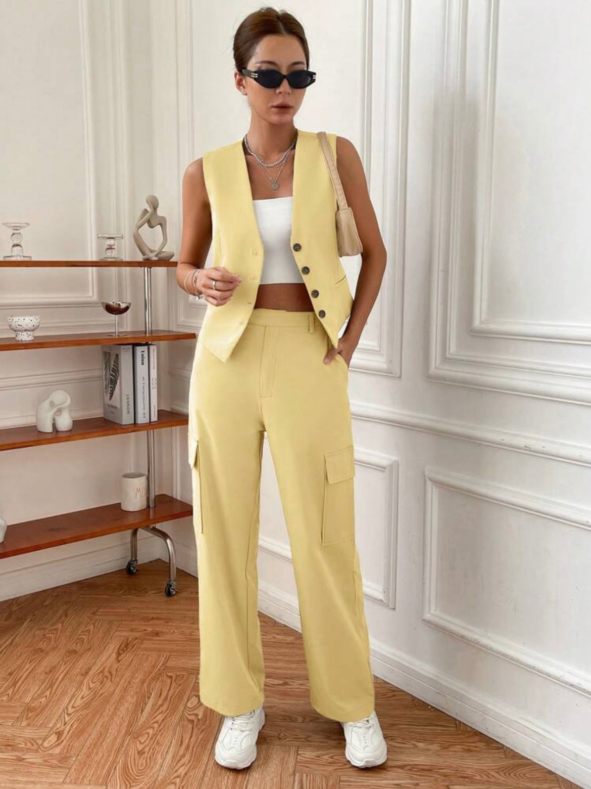 CM-SS796920 Women Elegant Seoul Style V-Neck Sleeveless Vest With Pocket Design Pants - Yellow