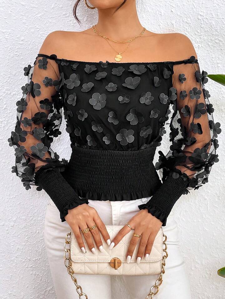CM-TS454219 Women Casual Seoul Style 3D Floral Off-Shoulder Shirred Blouse - Black